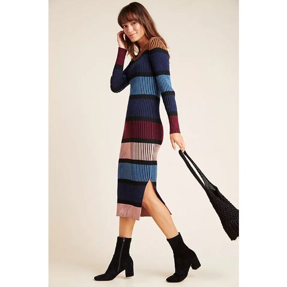 Anthropologie Dolan Lorna Ribbed Sweater Midi Slit Dress Womens Petite LG Boho - Picture 1 of 10